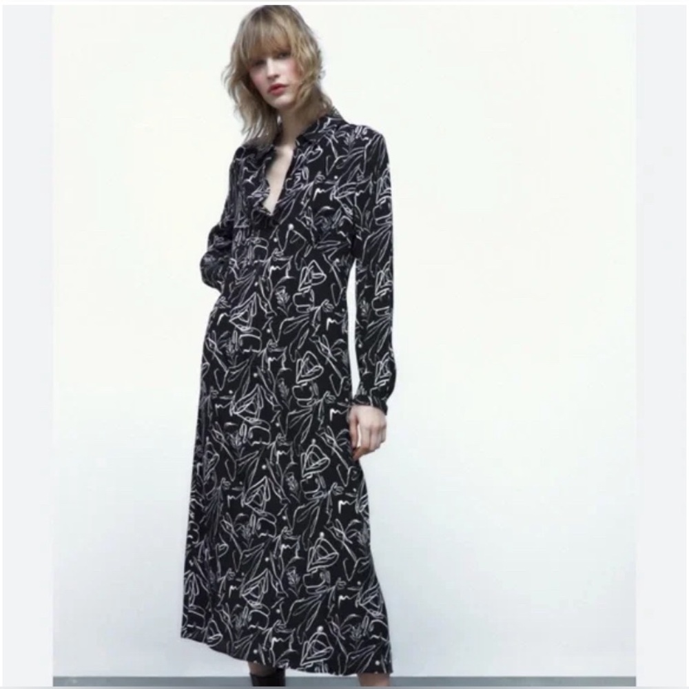Zara Carlotta Printed Shirt Dress Size S Black Chiffon Collared Long Sleeves